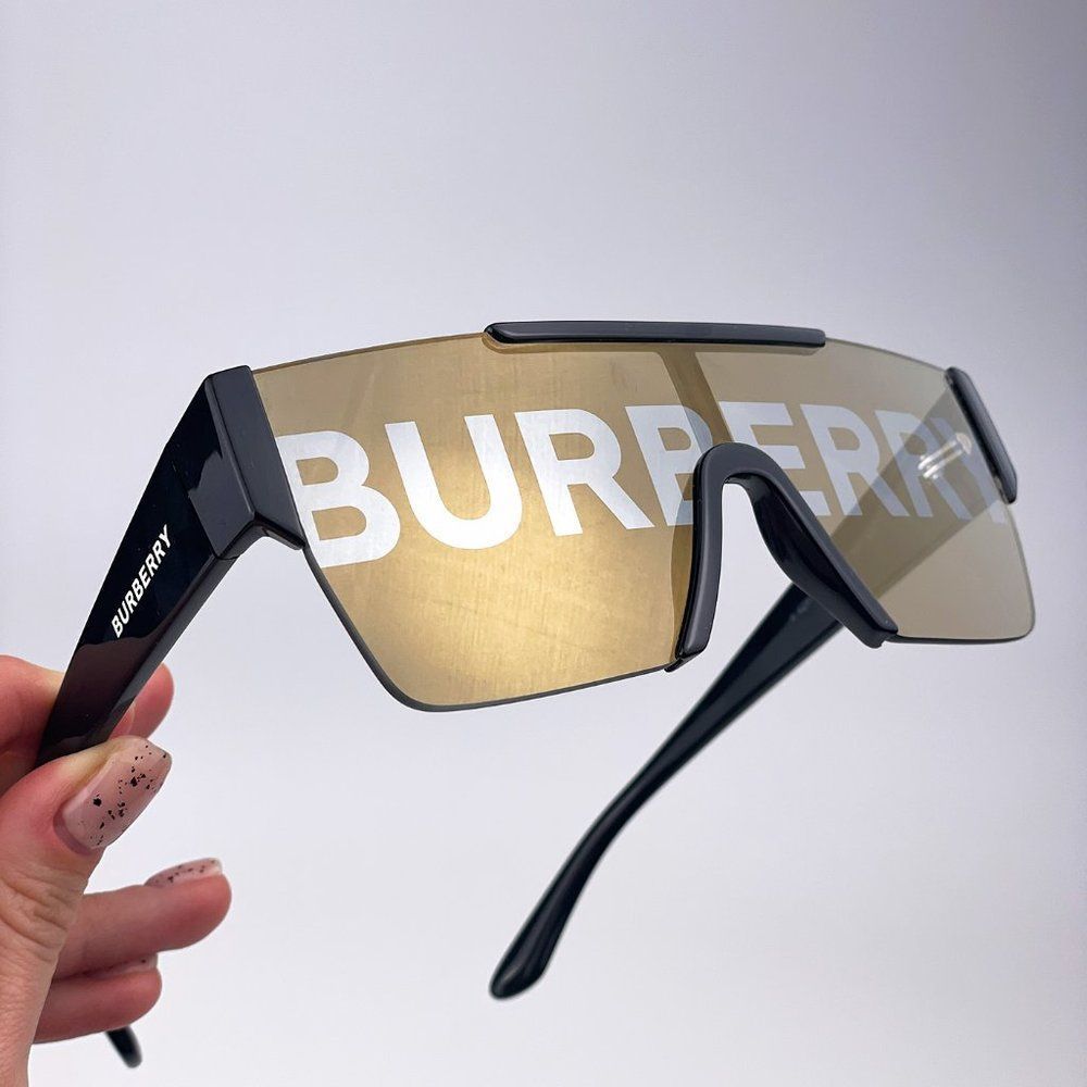 Burberry BE4291 3001/G NEW Sunglasses Black Gray Gold Shield Unisex